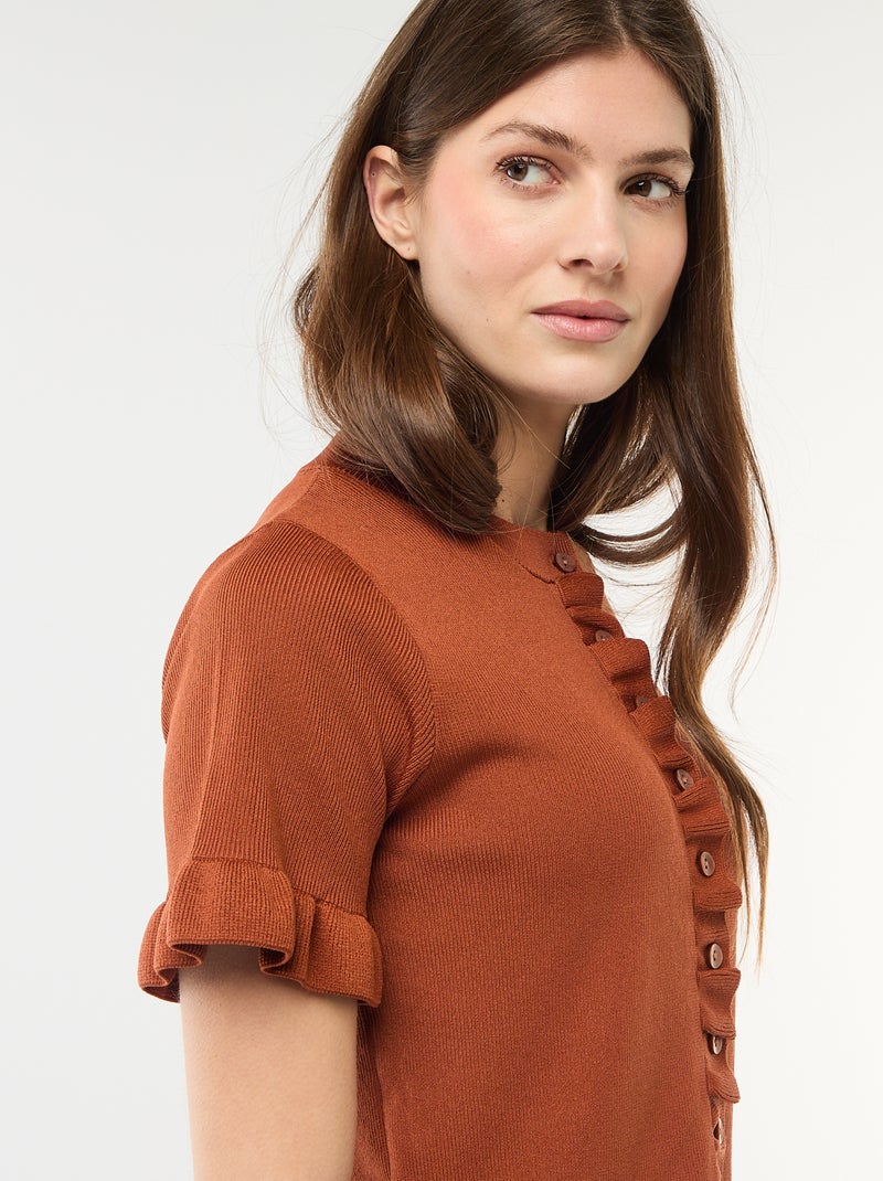 Camiseta de punto abotonada con volantes Marron - Kiabi