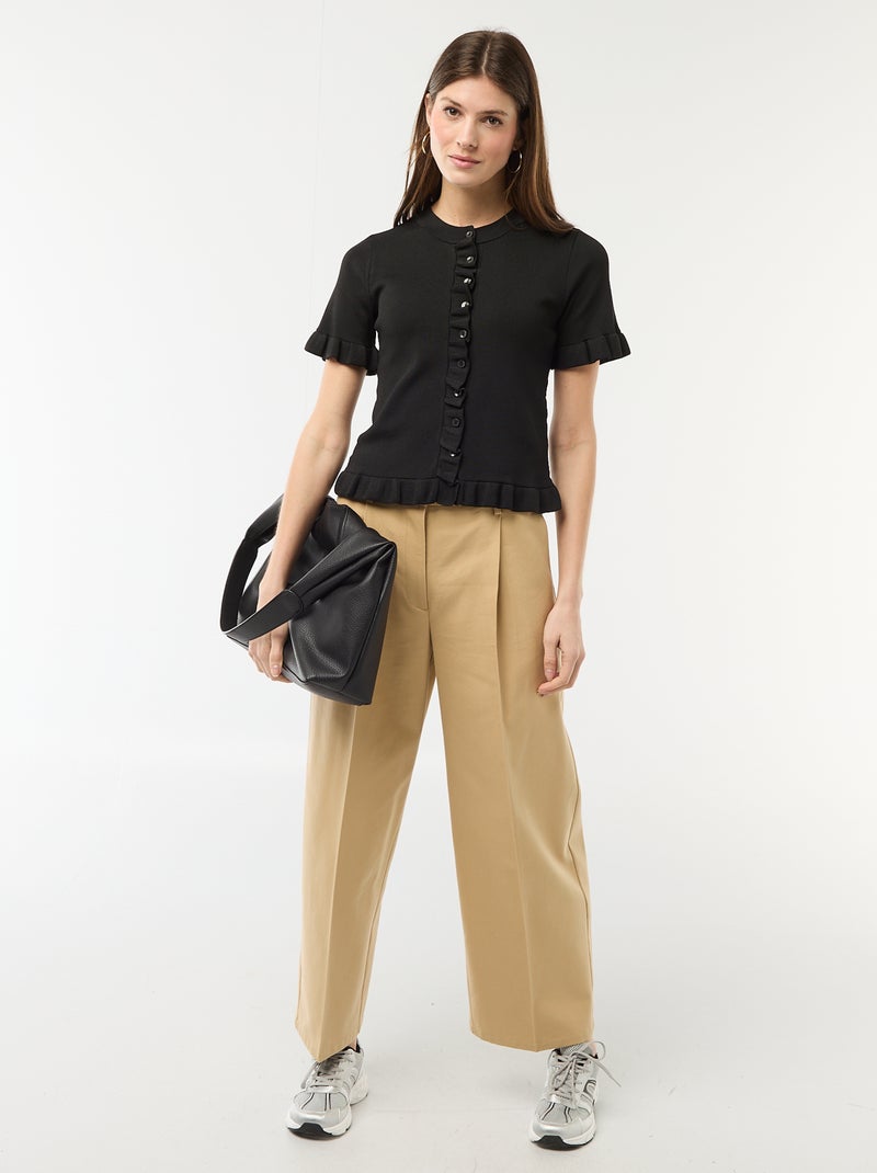 Camiseta de punto abotonada con volantes Negro - Kiabi