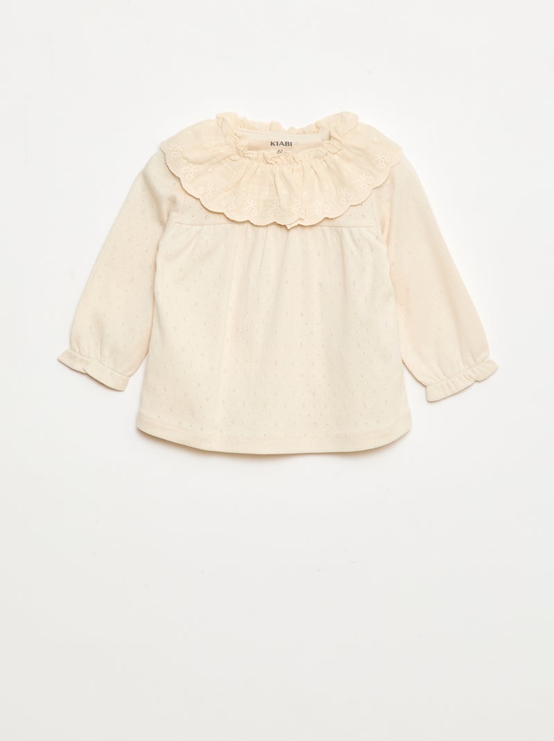 Camiseta de punto calado con cuello bordado Blanco - Kiabi