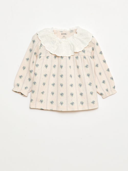 Camiseta de punto calado con cuello bordado - Kiabi