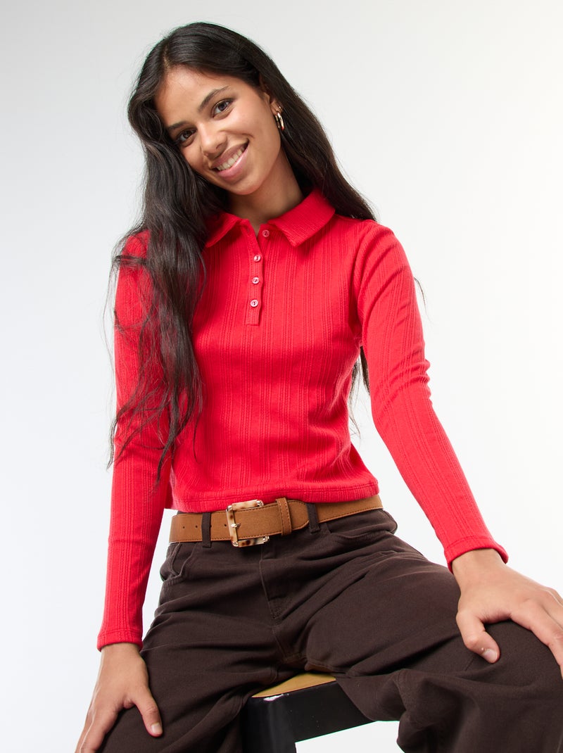 Camiseta de punto calado con cuello polo Rojo - Kiabi