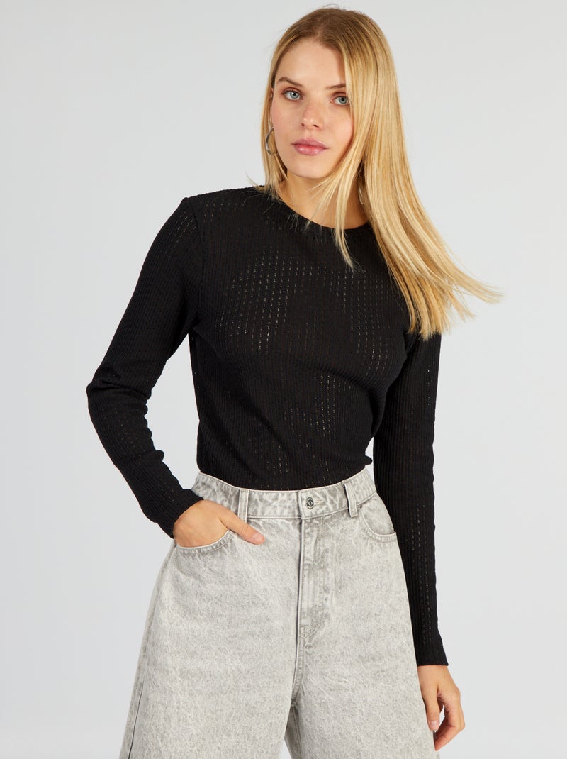 Camiseta de punto calado con cuello redondo negro - Kiabi