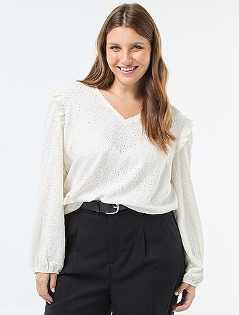 Camiseta de punto calado con hombros con volantes