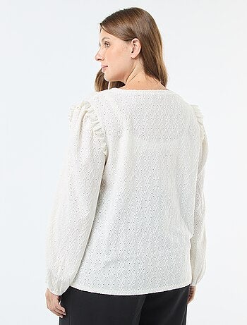 Camiseta de punto calado con hombros con volantes