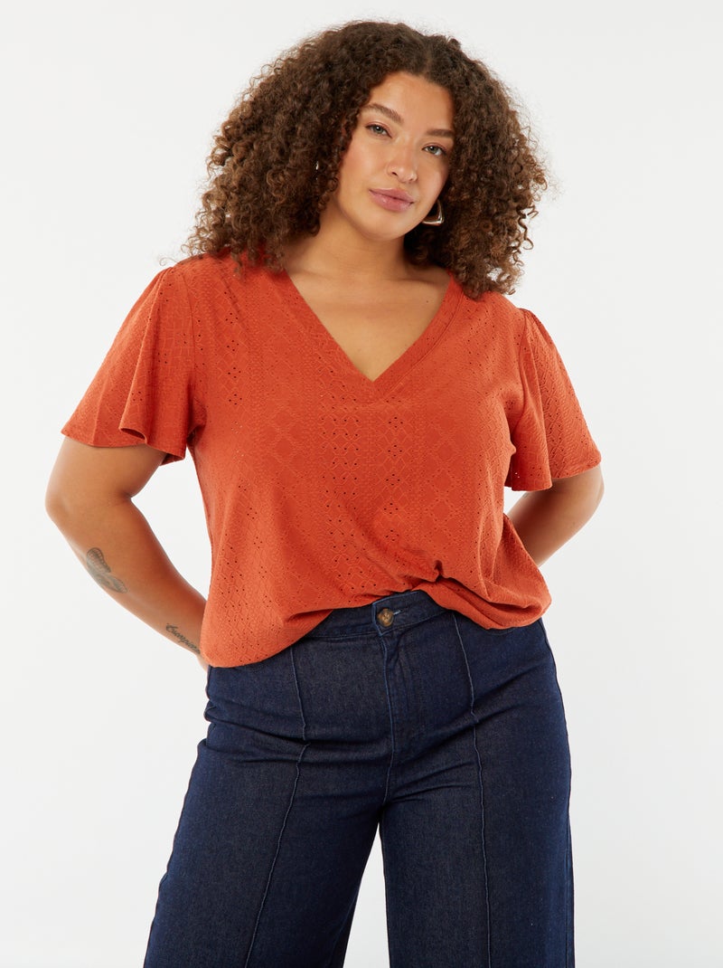 Camiseta de punto calado con manga corta tipo murciélago ROJO - Kiabi
