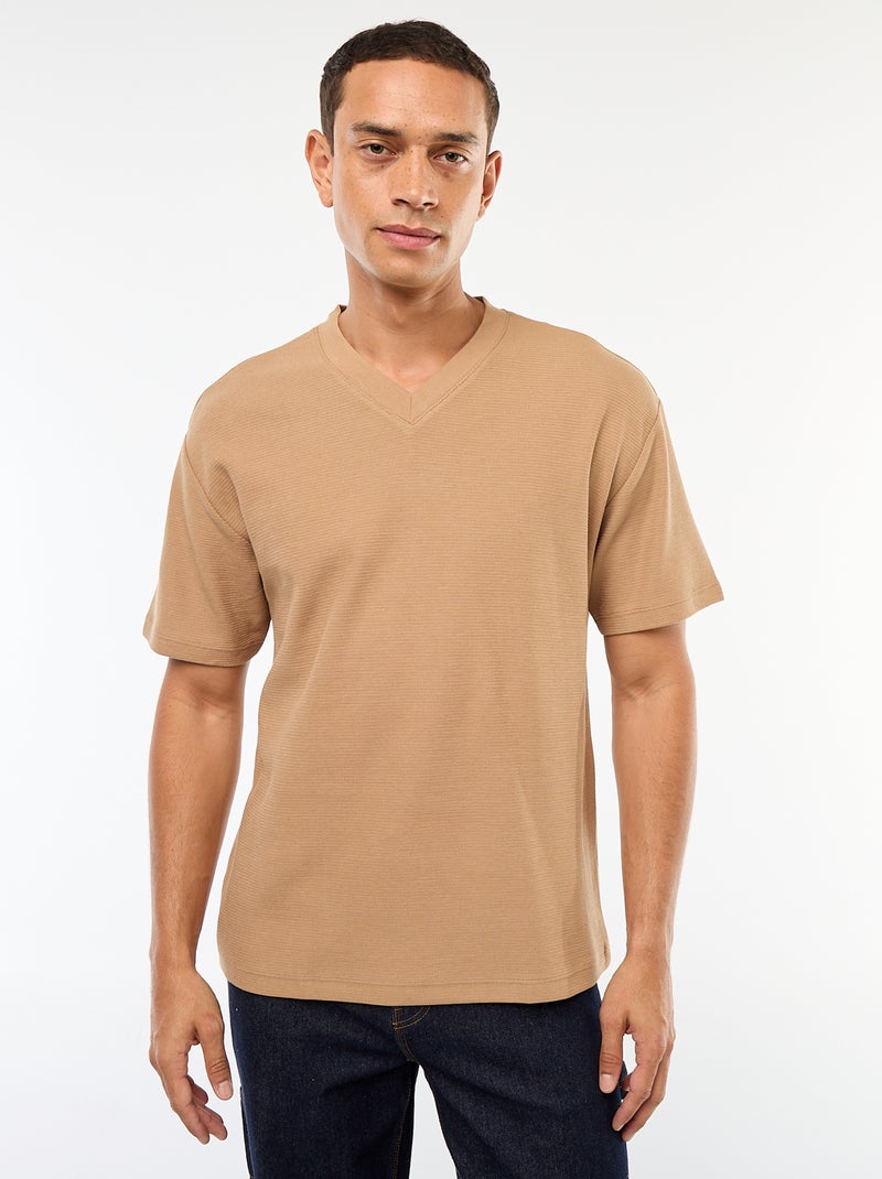 Camiseta de punto con cuello de pico Beige - Kiabi