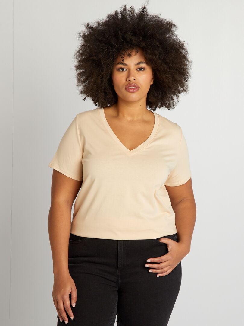 Camiseta de punto con cuello de pico BEIGE - Kiabi