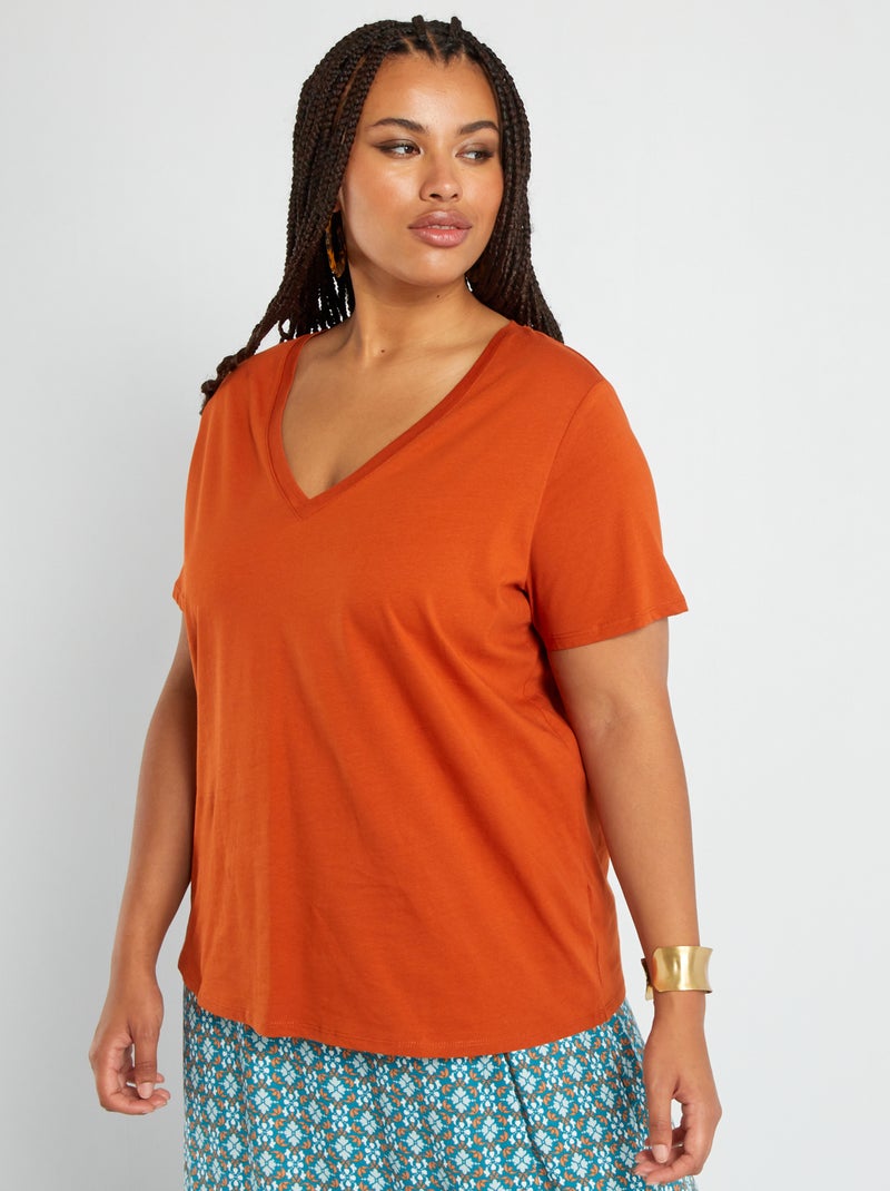 Camiseta de punto con cuello de pico NARANJA - Kiabi