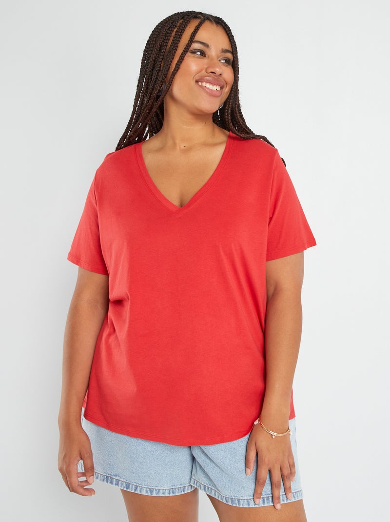 Camiseta de punto con cuello de pico ROJO - Kiabi