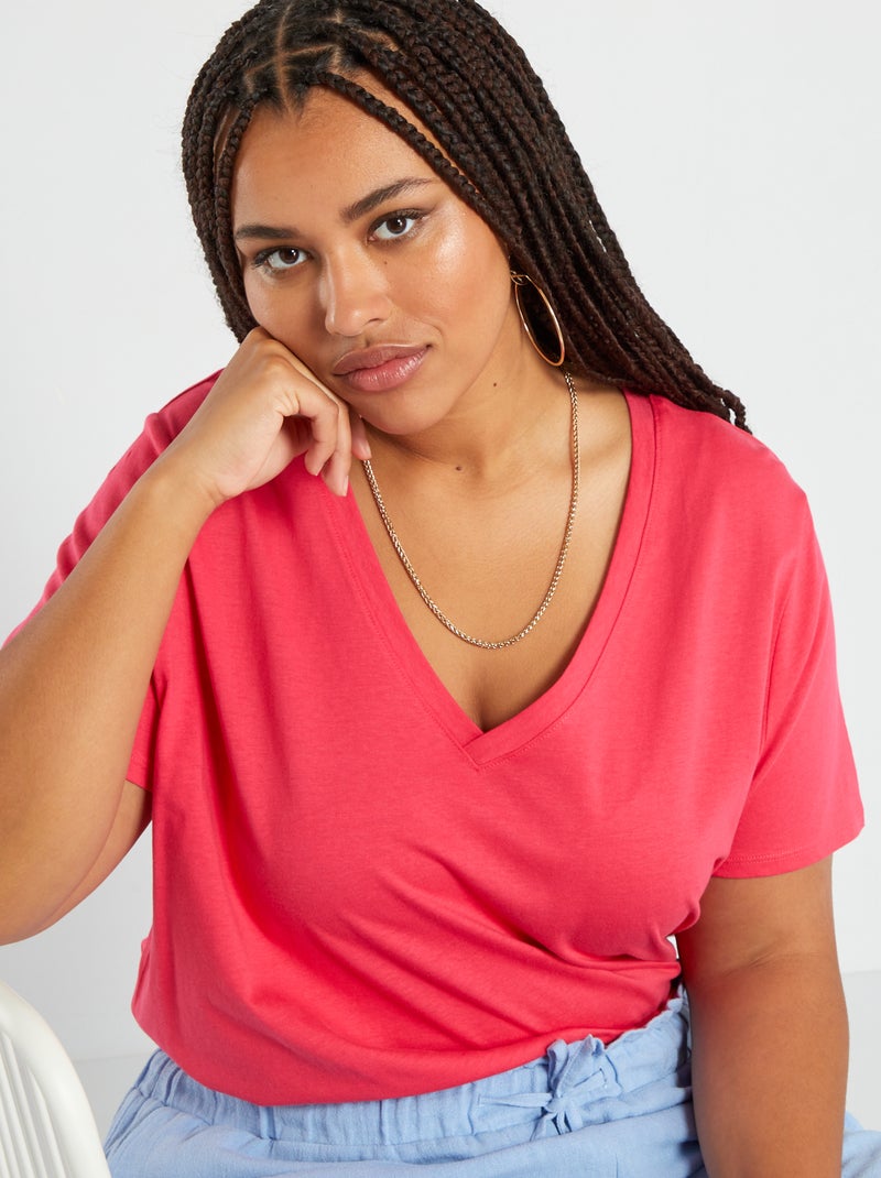 Camiseta de punto con cuello de pico Rosa - Kiabi