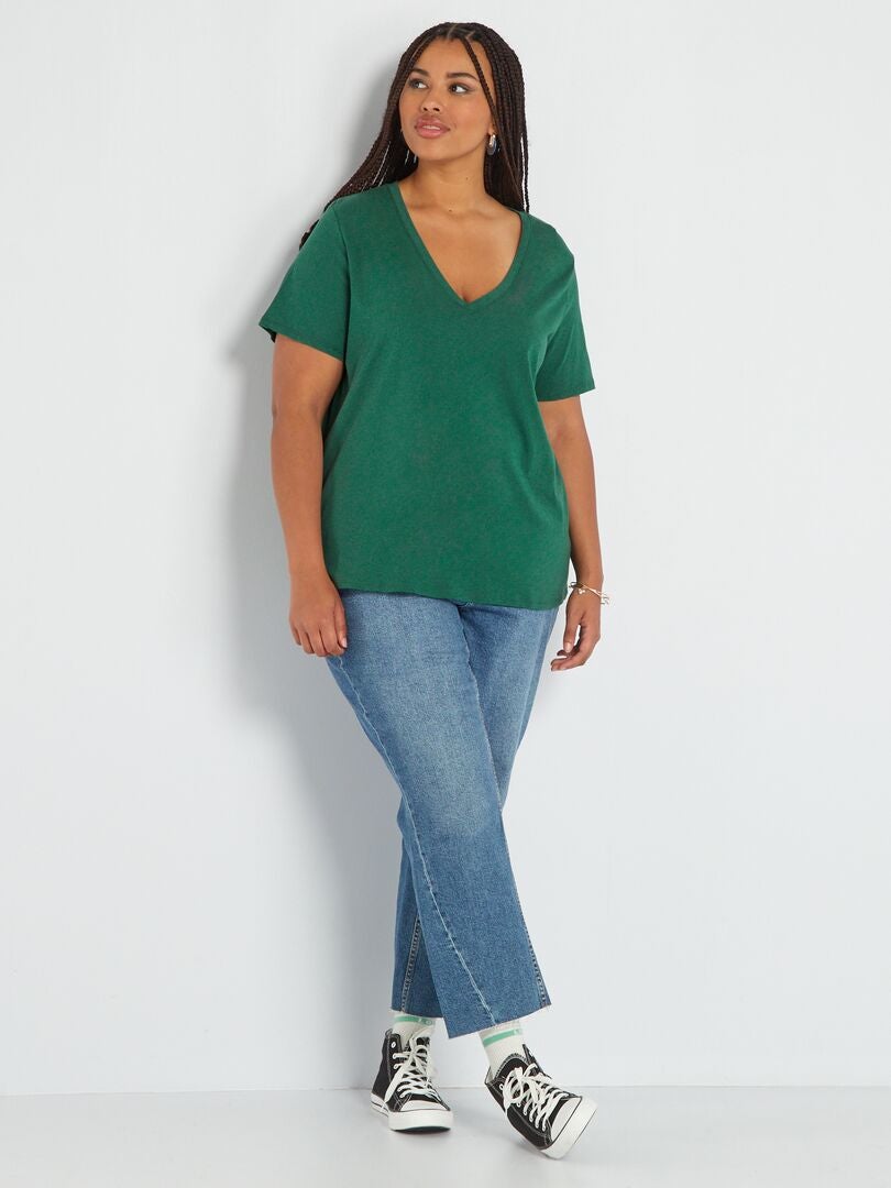 Camiseta de punto con cuello de pico Verde - Kiabi