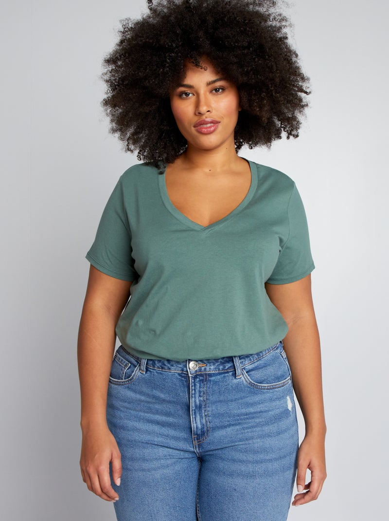 Camiseta de punto con cuello de pico VERDE - Kiabi