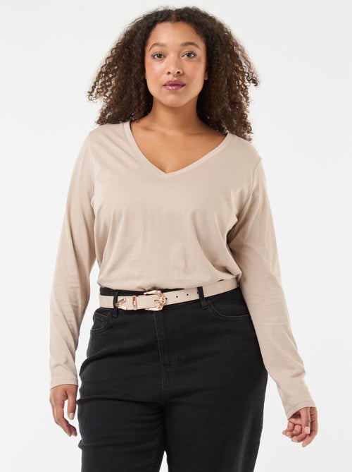 Camiseta de punto con cuello en pico y manga larga - Kiabi