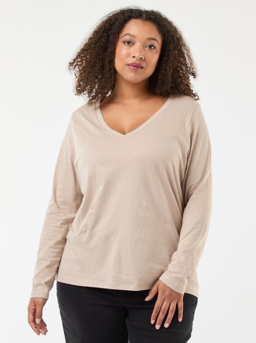Camiseta de punto con cuello en pico y manga larga - Kiabi
