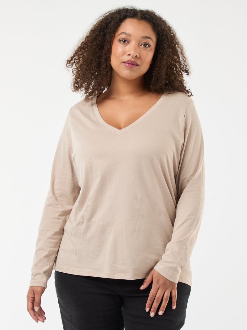 Camiseta de punto con cuello en pico y manga larga Beige - Kiabi