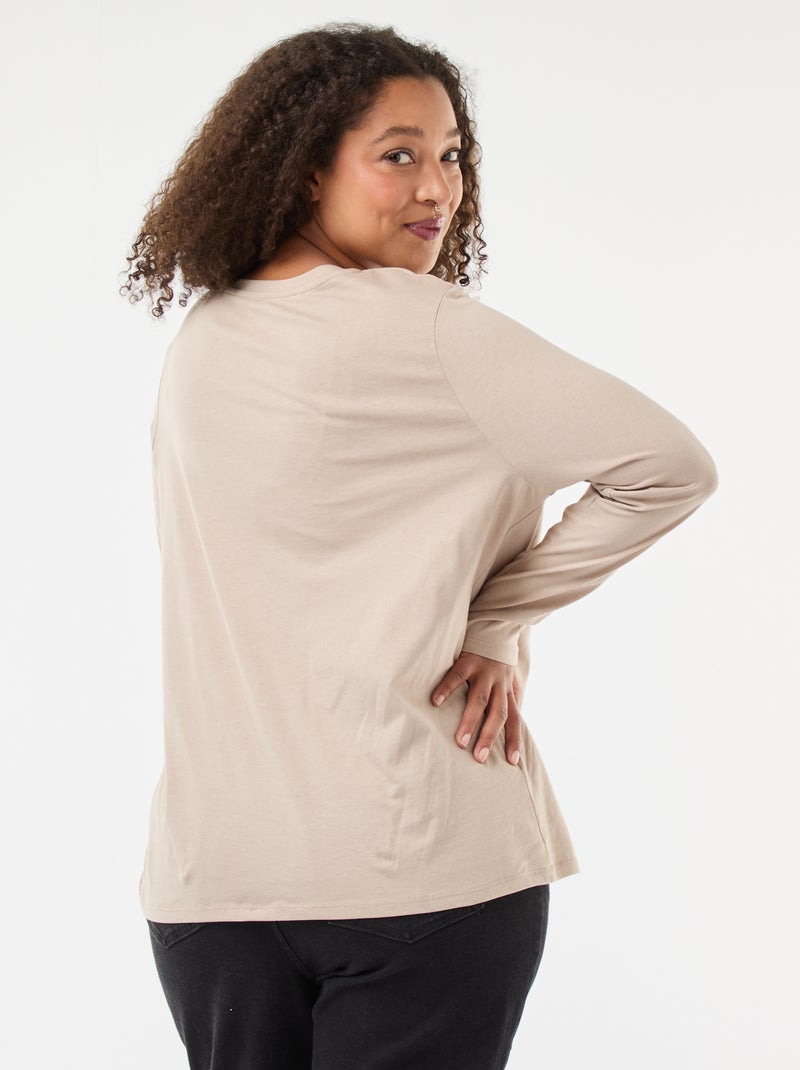 Camiseta de punto con cuello en pico y manga larga Beige - Kiabi