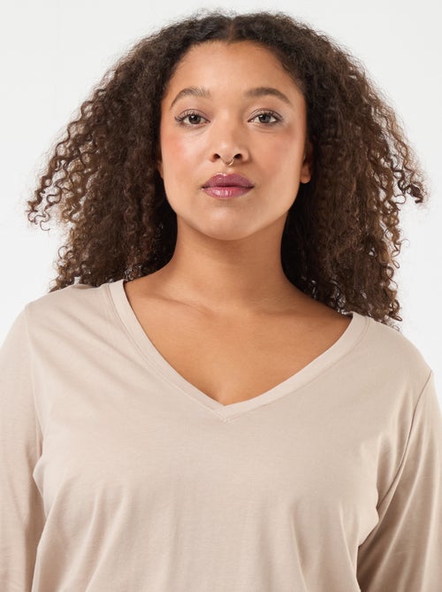 Camiseta de punto con cuello en pico y manga larga - Kiabi