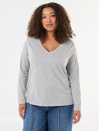 Camiseta de punto con cuello en pico y manga larga