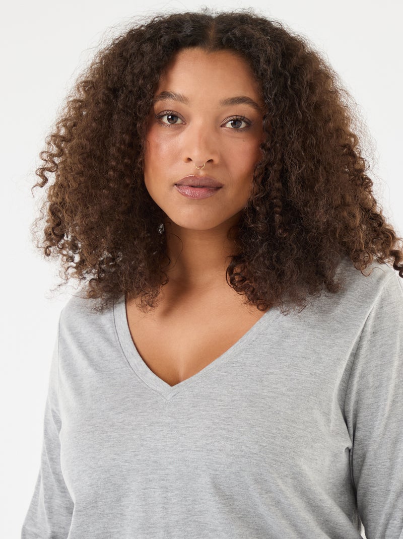 Camiseta de punto con cuello en pico y manga larga Gris - Kiabi