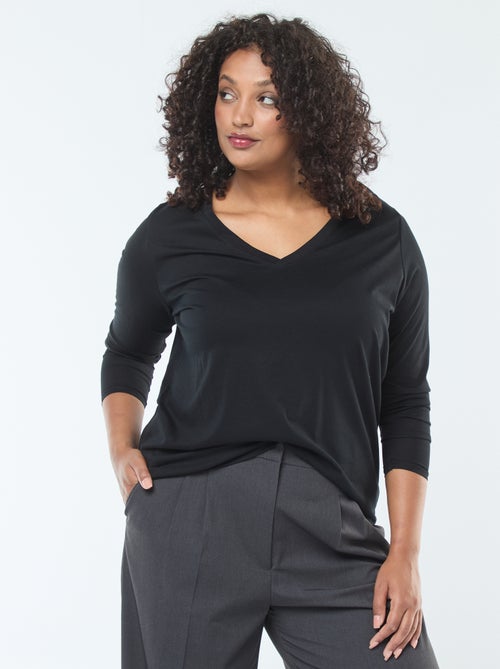 Camiseta de punto con cuello en pico y manga larga - Kiabi