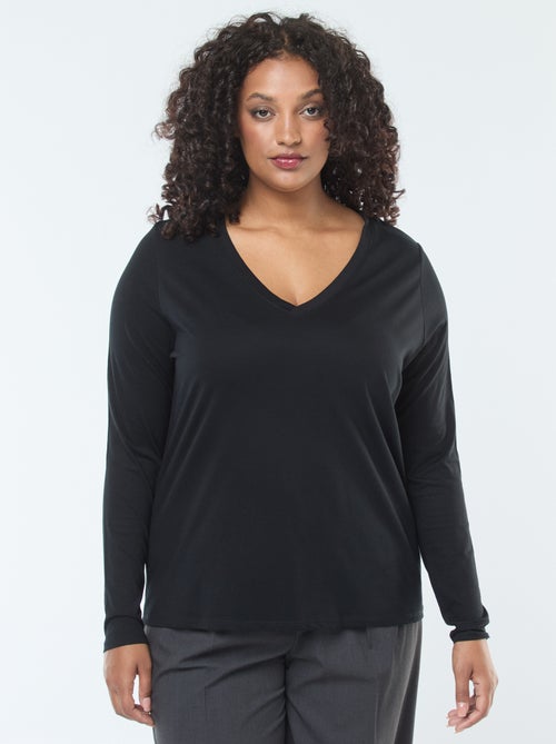 Camiseta de punto con cuello en pico y manga larga - Kiabi