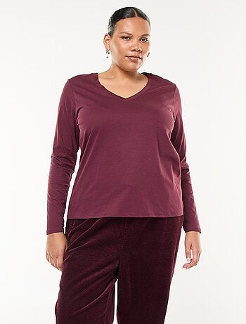 Camiseta de punto con cuello en pico y manga larga