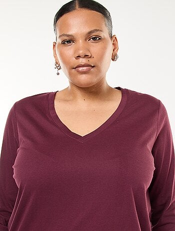 Camiseta de punto con cuello en pico y manga larga