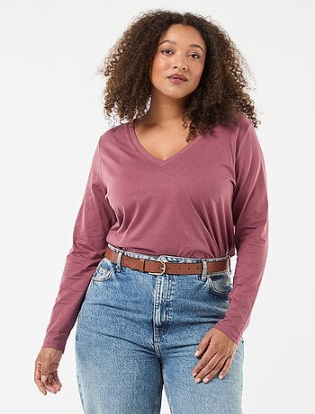 Camiseta de punto con cuello en pico y manga larga