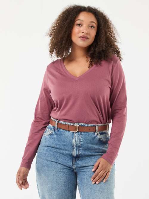 Camiseta de punto con cuello en pico y manga larga - Kiabi