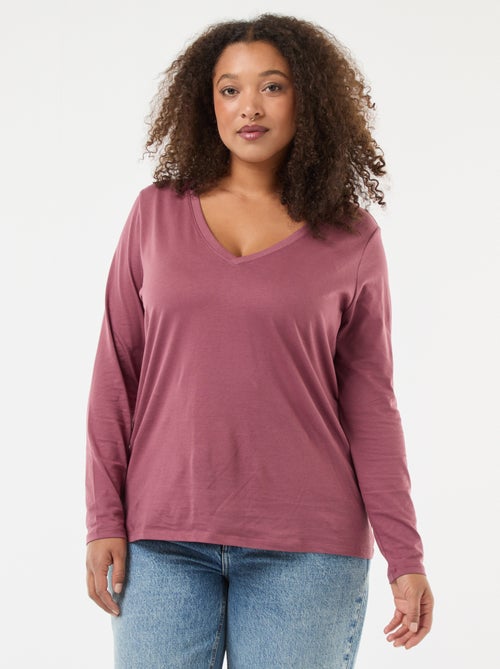 Camiseta de punto con cuello en pico y manga larga - Kiabi