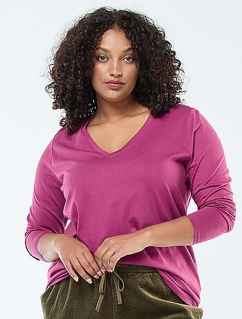 Camiseta de punto con cuello en pico y manga larga