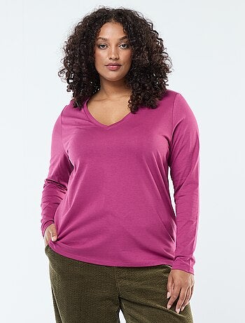 Camiseta de punto con cuello en pico y manga larga