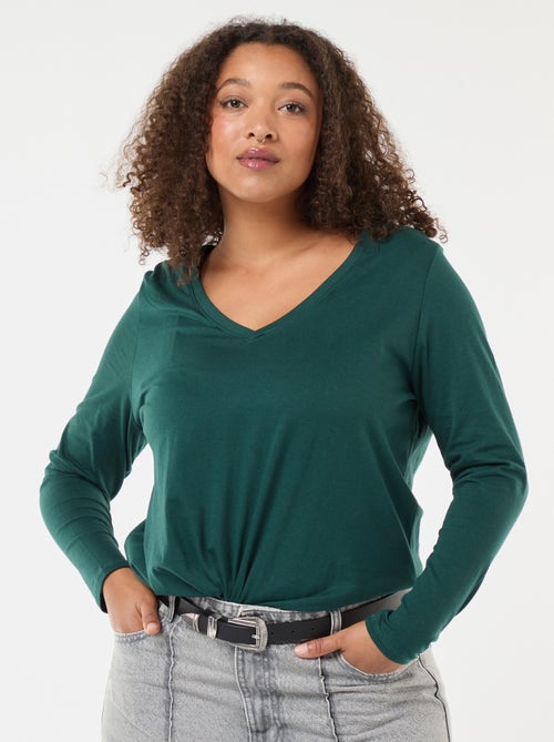 Camiseta de punto con cuello en pico y manga larga - Kiabi
