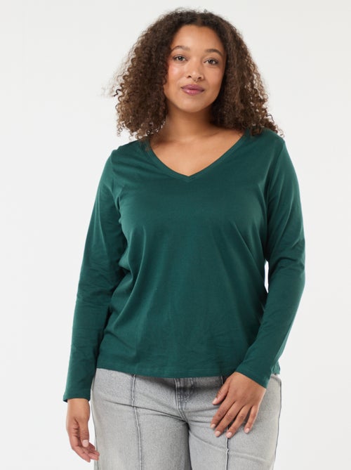 Camiseta de punto con cuello en pico y manga larga - Kiabi