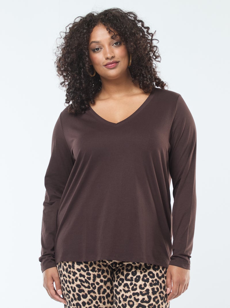 Camiseta de punto con cuello en V y manga corta Marron - Kiabi