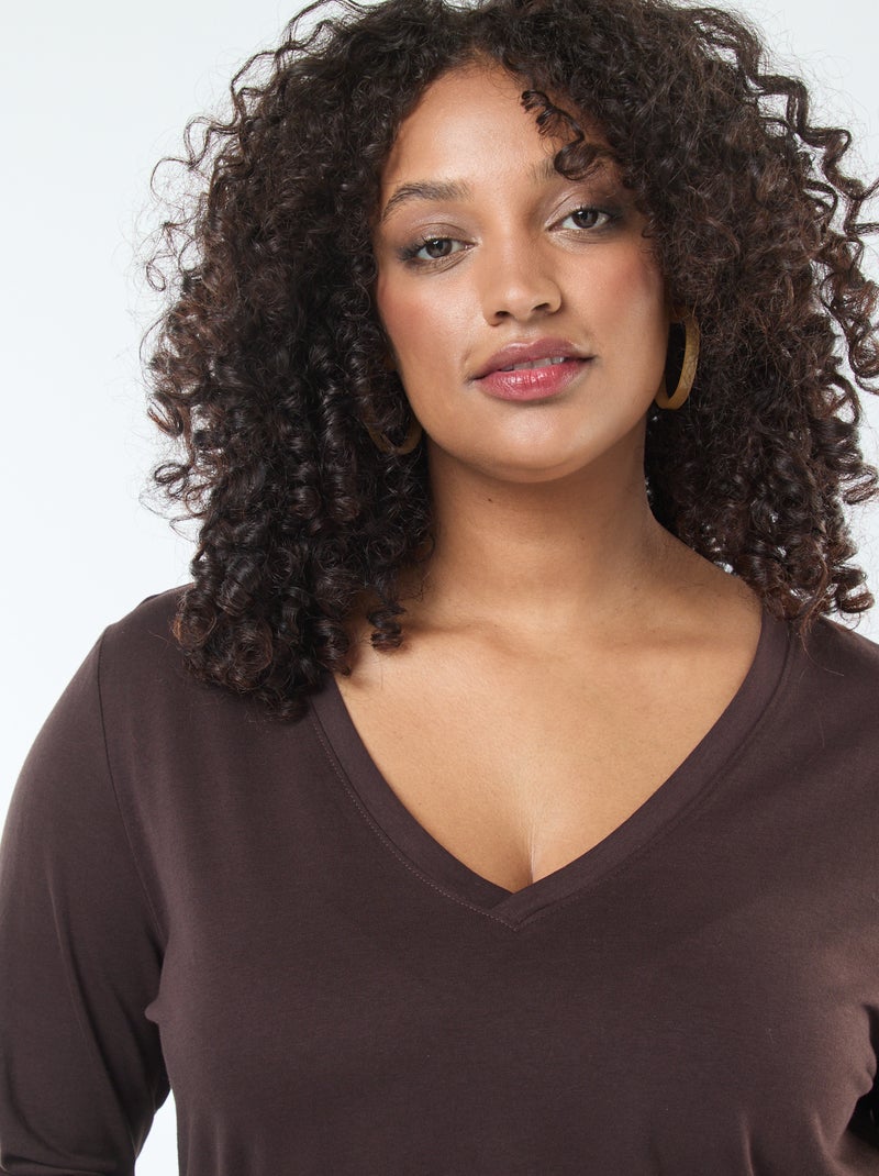 Camiseta de punto con cuello en V y manga corta Marron - Kiabi