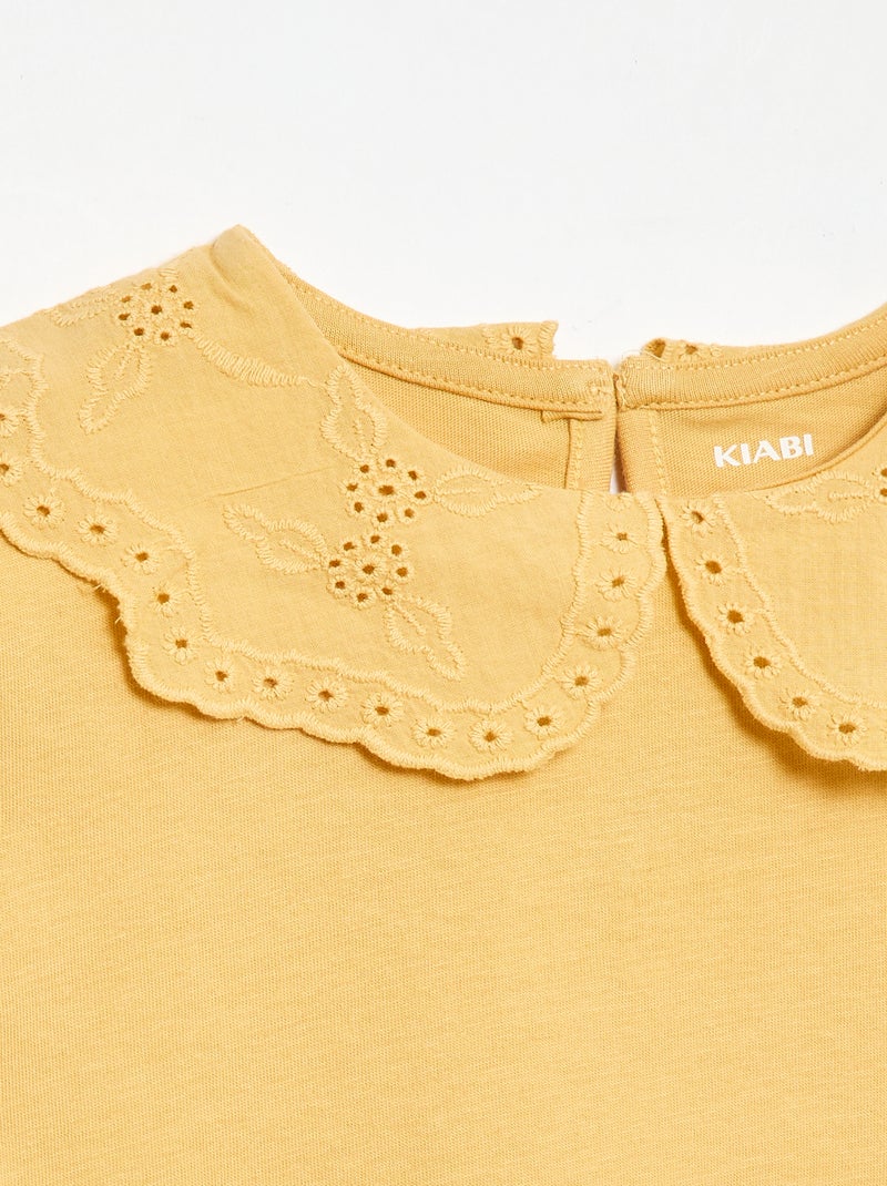 Camiseta de punto con cuello redondo con bordados ingleses Mostaza - Kiabi