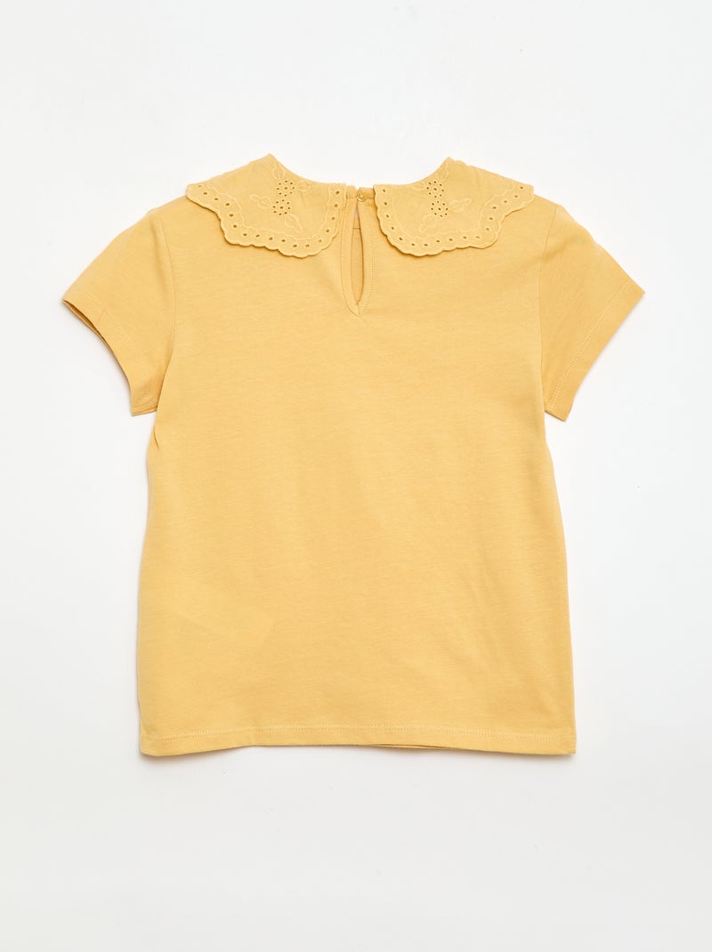 Camiseta de punto con cuello redondo con bordados ingleses Mostaza - Kiabi