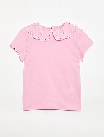 Camiseta de punto con cuello redondo con bordados ingleses