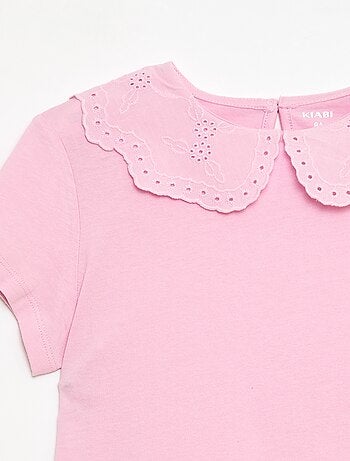 Camiseta de punto con cuello redondo con bordados ingleses