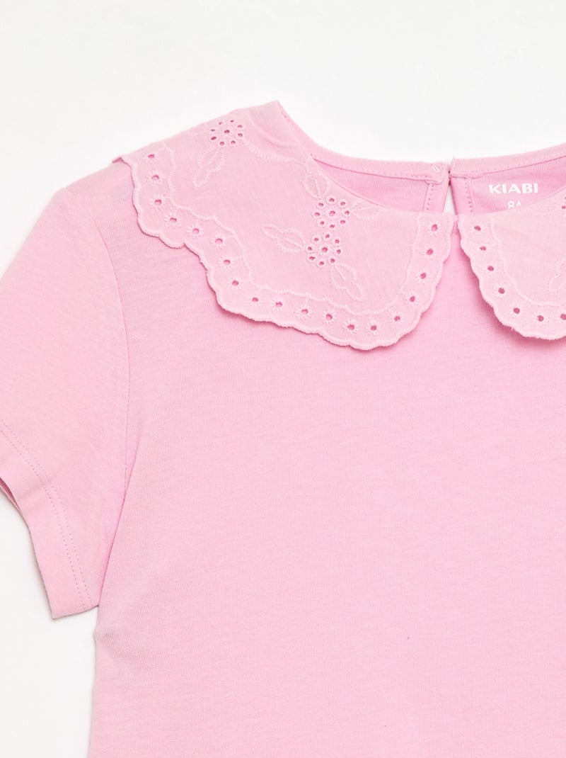 Camiseta de punto con cuello redondo con bordados ingleses Rosa - Kiabi