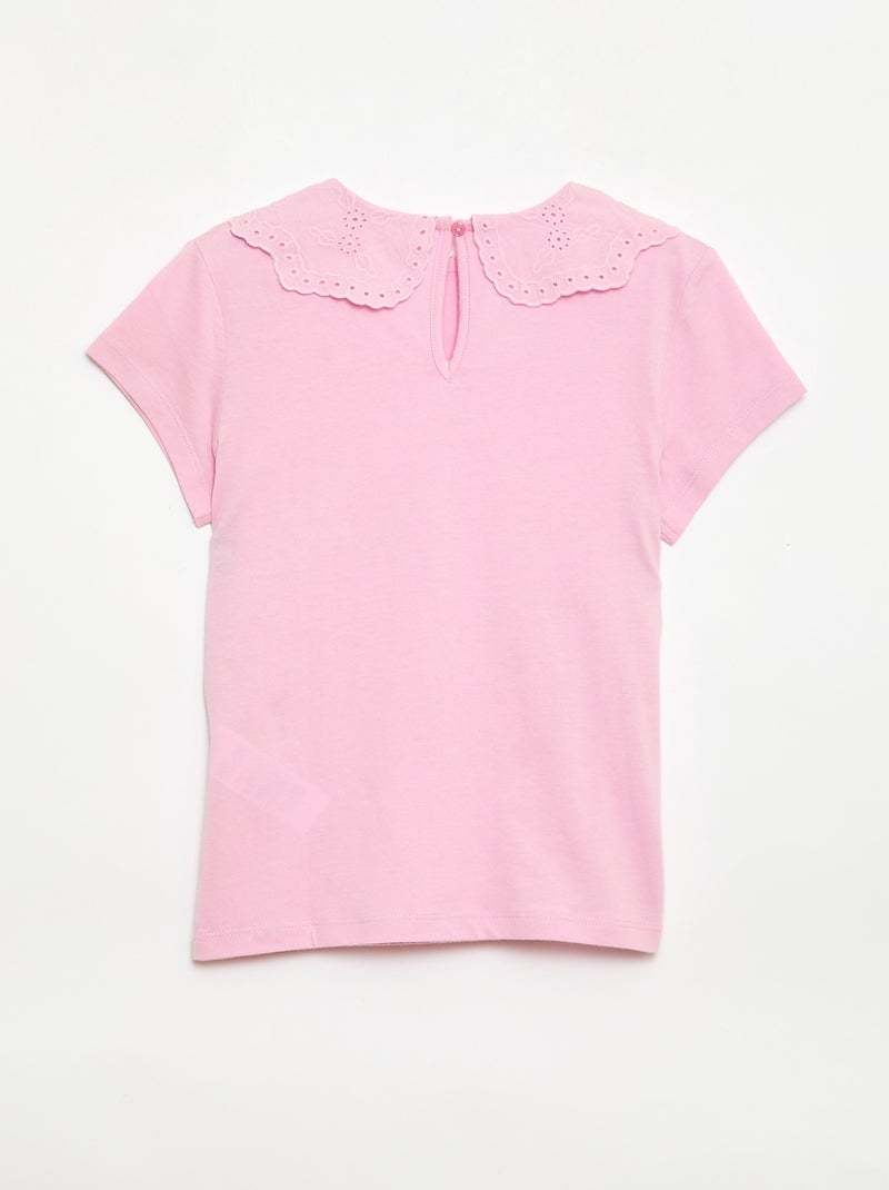 Camiseta de punto con cuello redondo con bordados ingleses Rosa - Kiabi