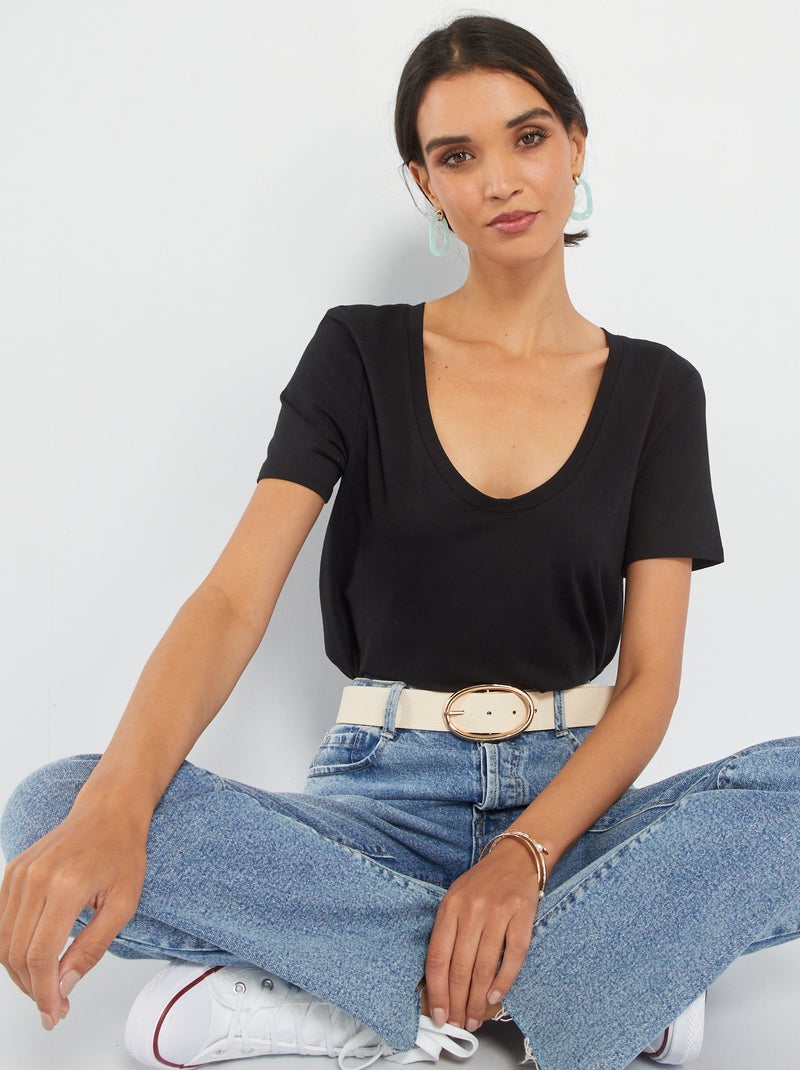 Camiseta de punto con cuello redondo Negro - Kiabi