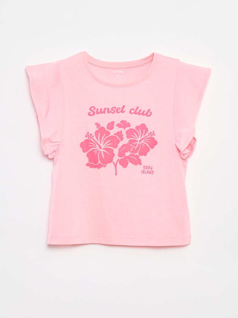 Camiseta de punto con estampado en ambos lados y volantes en las mangas ROSA - Kiabi