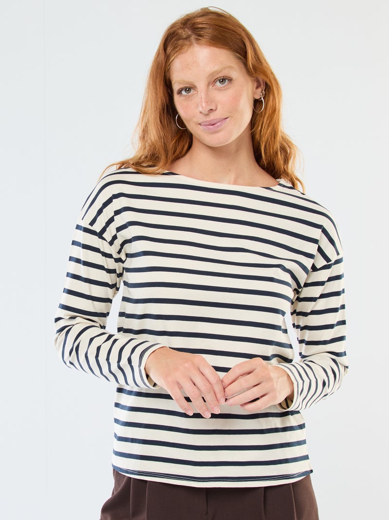 Camiseta de punto con manga larga y diseño de rayas Blanco - Kiabi