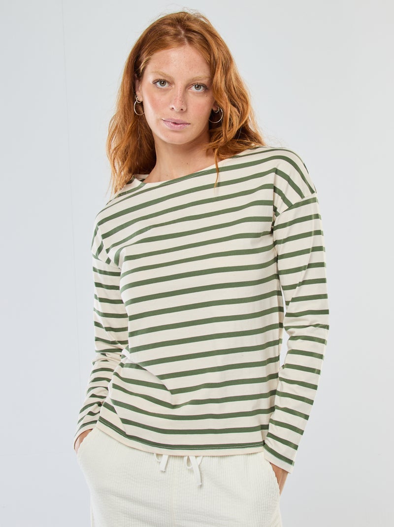 Camiseta de punto con manga larga y estampado de rayas Blanco - Kiabi