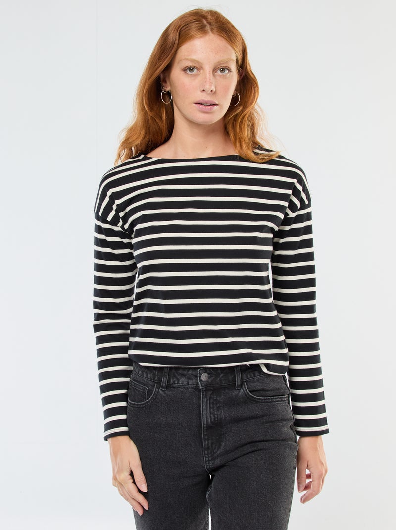 Camiseta de punto con manga larga y estampado de rayas Negro - Kiabi