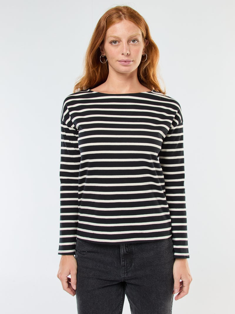 Camiseta de punto con manga larga y estampado de rayas Negro - Kiabi