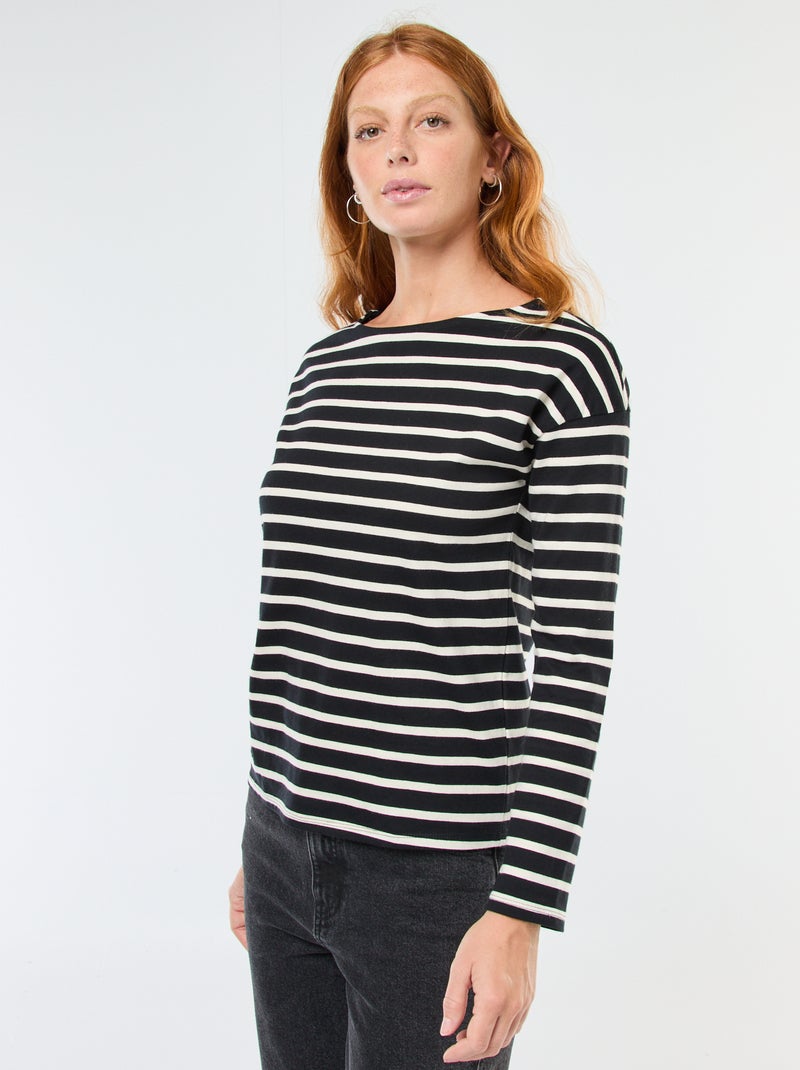 Camiseta de punto con manga larga y estampado de rayas Negro - Kiabi