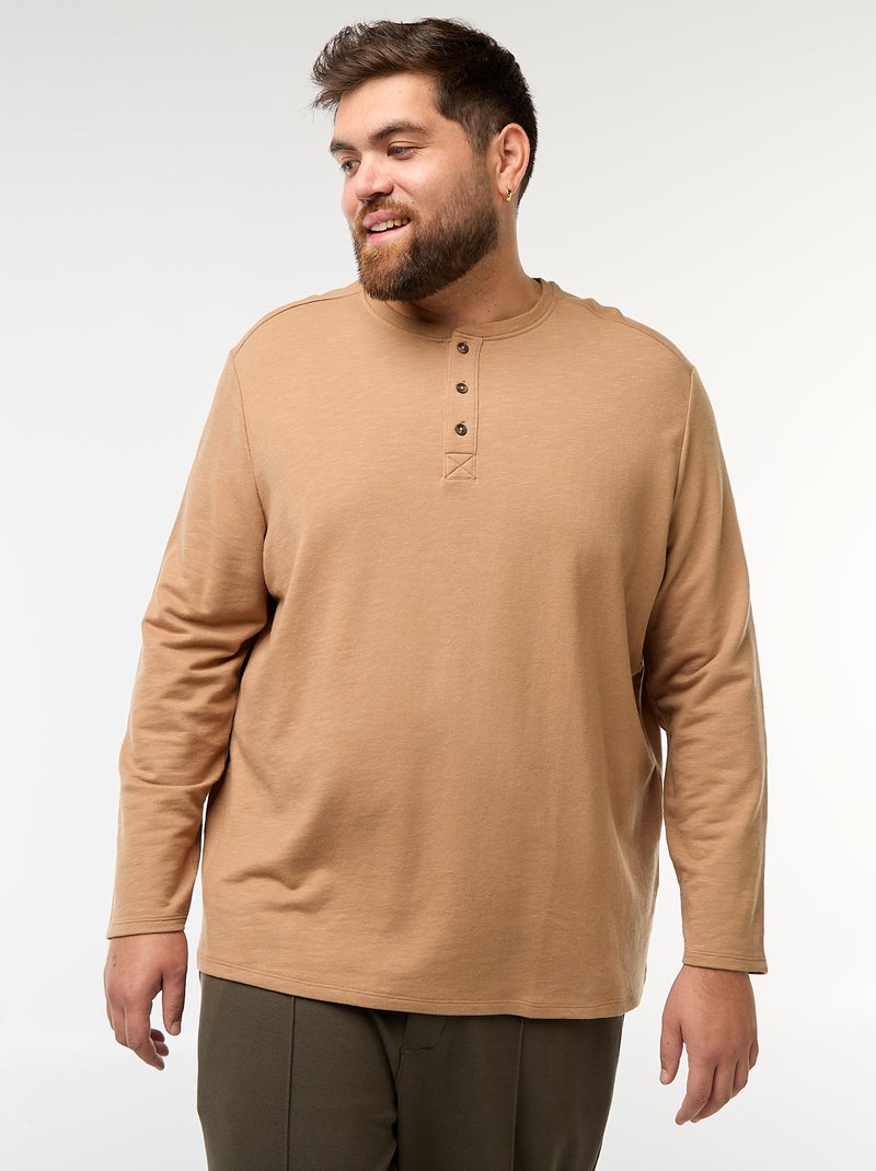 Camiseta de punto con mangas largas y cuello tunecino Beige - Kiabi